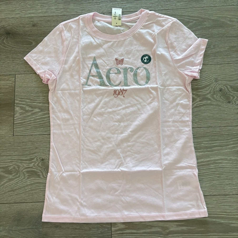 NWT Aéropostale Womens Pink Classic Crew Aero 1987‎ Glitter Graphic Tee Size L